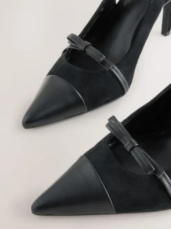 Black Suede Forever Comfort® Leather Pointed Cutout Bow Slingback Heels