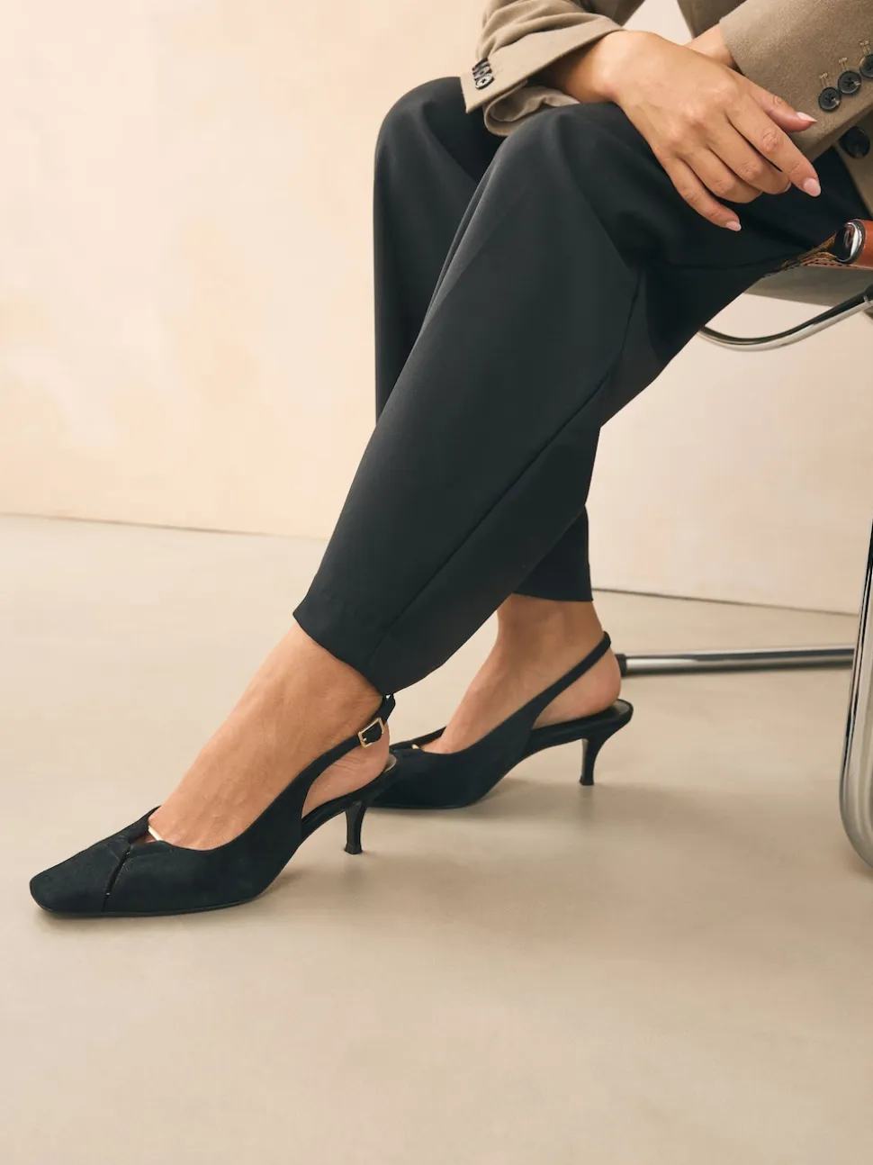 Black Suede Leather Cutout Hardware Detail Slingback Heels