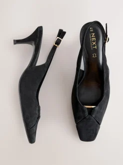 Black Suede Leather Cutout Hardware Detail Slingback Heels