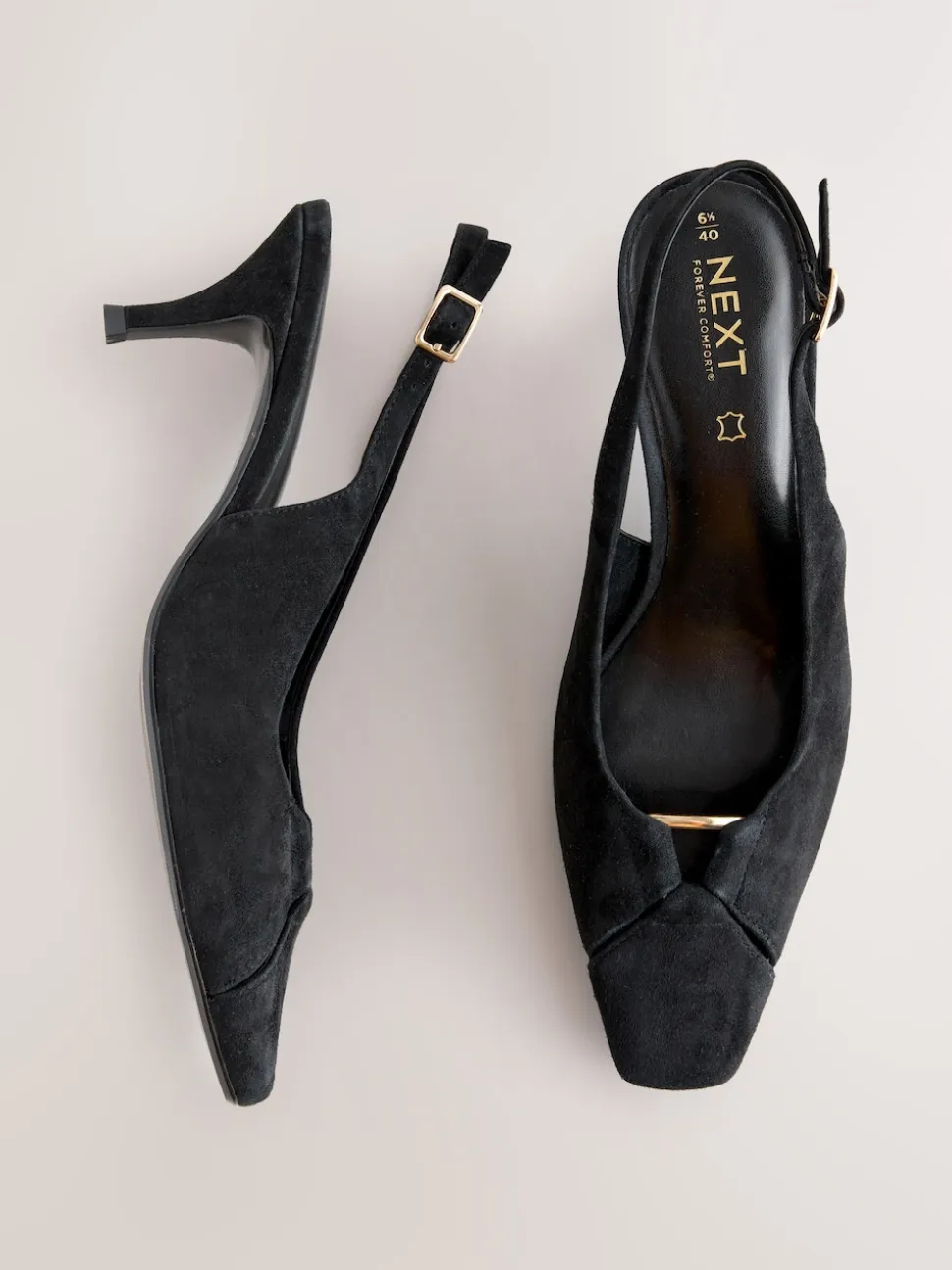Black Suede Leather Cutout Hardware Detail Slingback Heels
