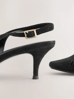 Black Suede Leather Cutout Hardware Detail Slingback Heels
