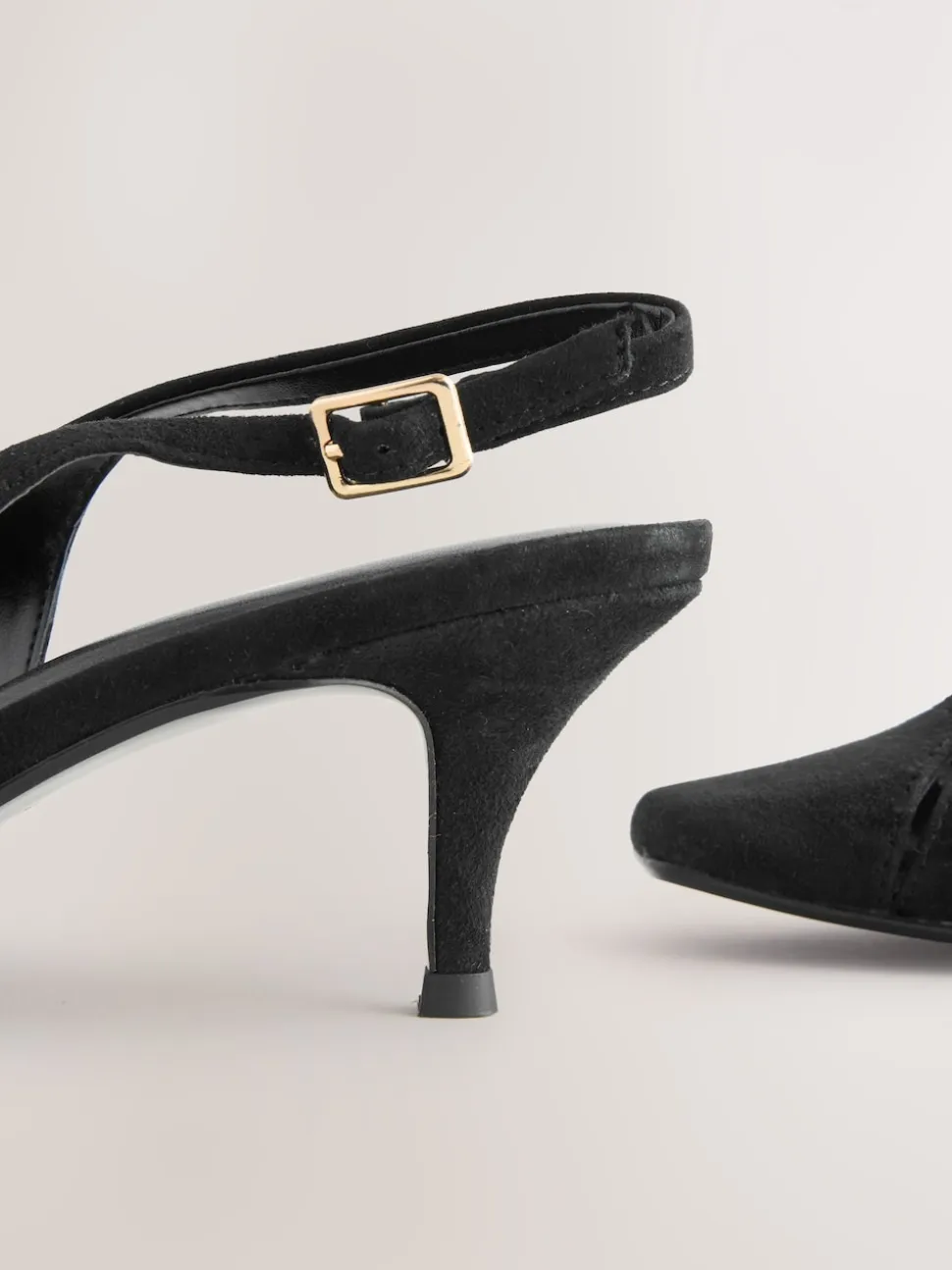 Black Suede Leather Cutout Hardware Detail Slingback Heels