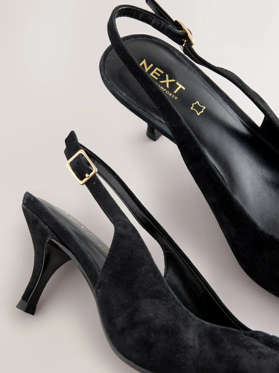 Black Suede Leather Cutout Hardware Detail Slingback Heels