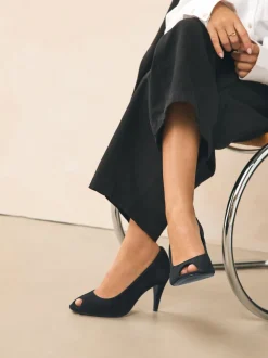 Black Suede Premium Leather Peep Toe Heels