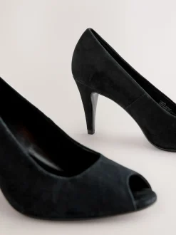 Black Suede Premium Leather Peep Toe Heels