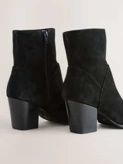 Black Suede Western Block Heel Ankle Boots