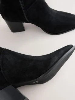 Black Suede Western Block Heel Ankle Boots