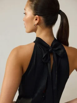 Black Textured Satin Halter Sleeveless Midi Dress