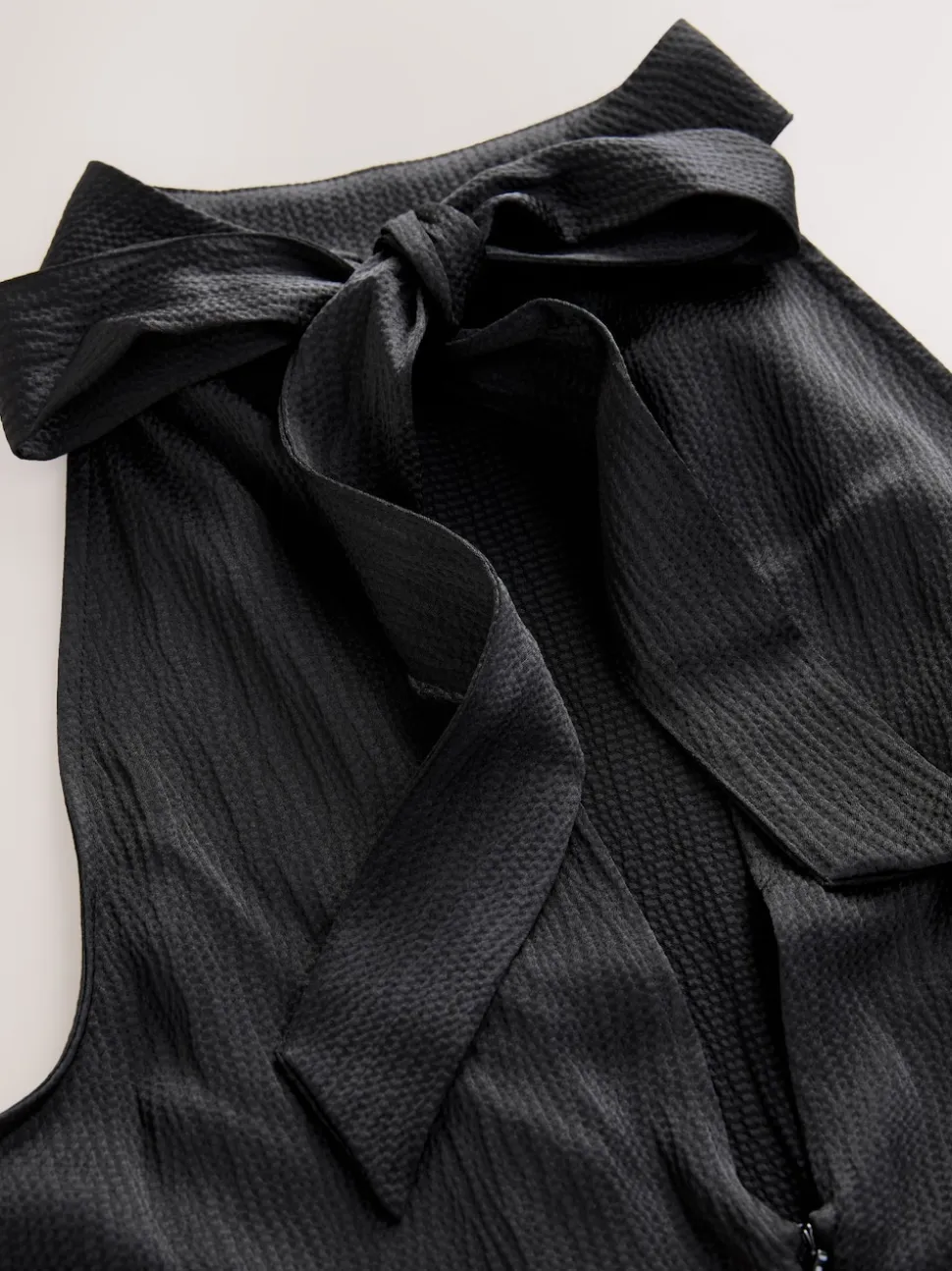 Black Textured Satin Halter Sleeveless Midi Dress