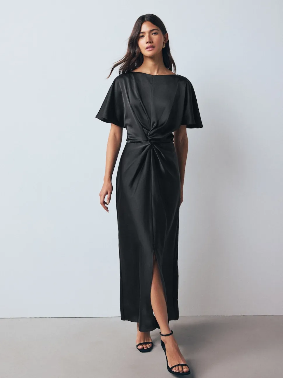 Black Textured Satin Short Sleeve Twist Front Midi Dress