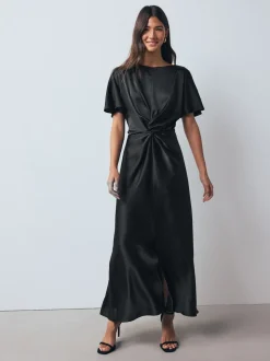 Black Textured Satin Short Sleeve Twist Front Midi Dress