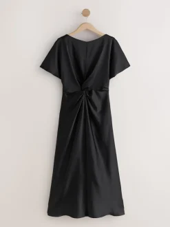 Black Textured Satin Short Sleeve Twist Front Midi Dress