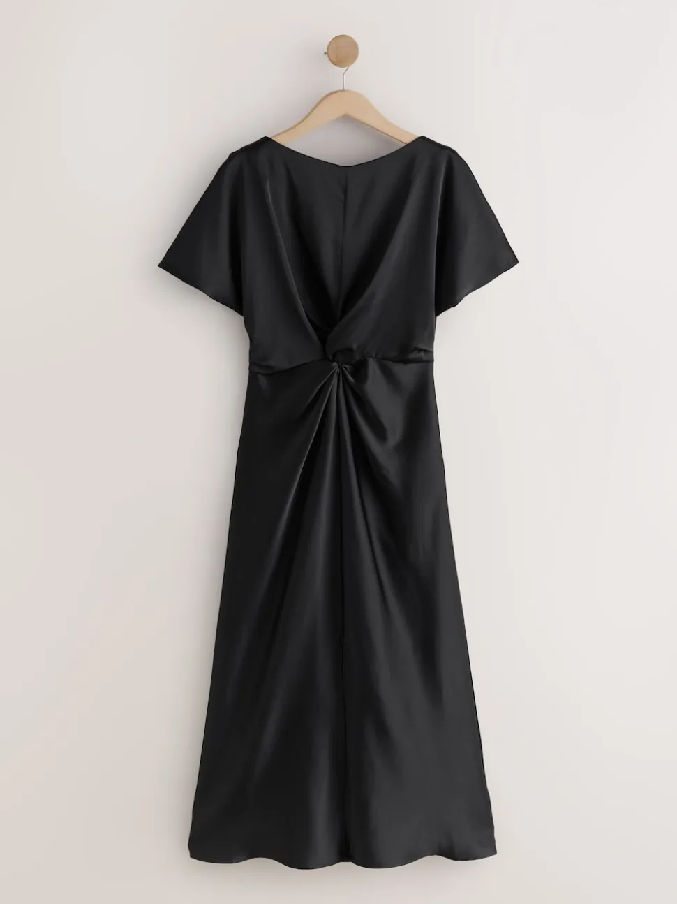Black Textured Satin Short Sleeve Twist Front Midi Dress