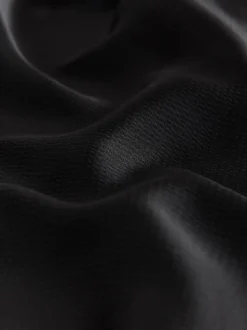 Black Textured Satin Short Sleeve Twist Front Midi Dress