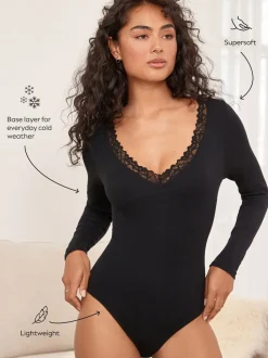 Black Thermal Base Layer Lace Trim Bodysuit