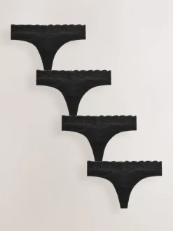 Black Thong Cotton Lace Knickers 4 Pack