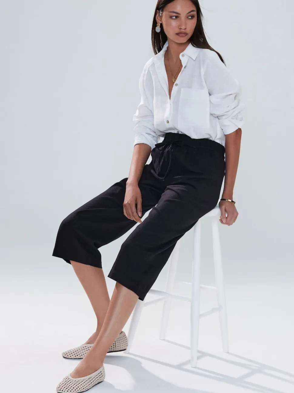 Black Tie Waist Linen Blend Culottes