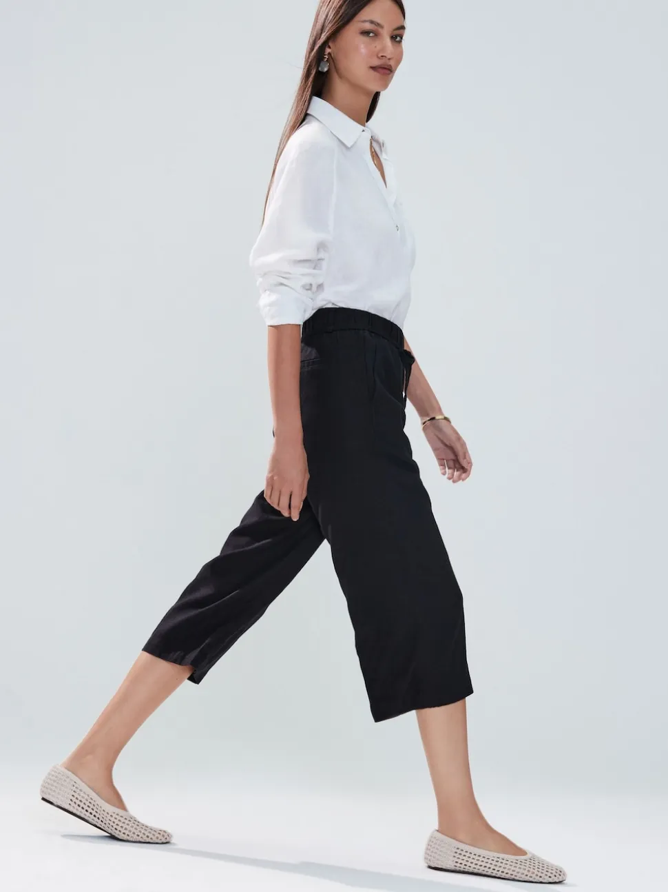 Black Tie Waist Linen Blend Culottes