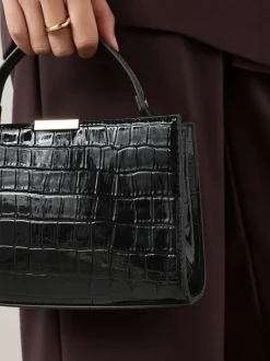 Black Top Handle Croc Effect Bag