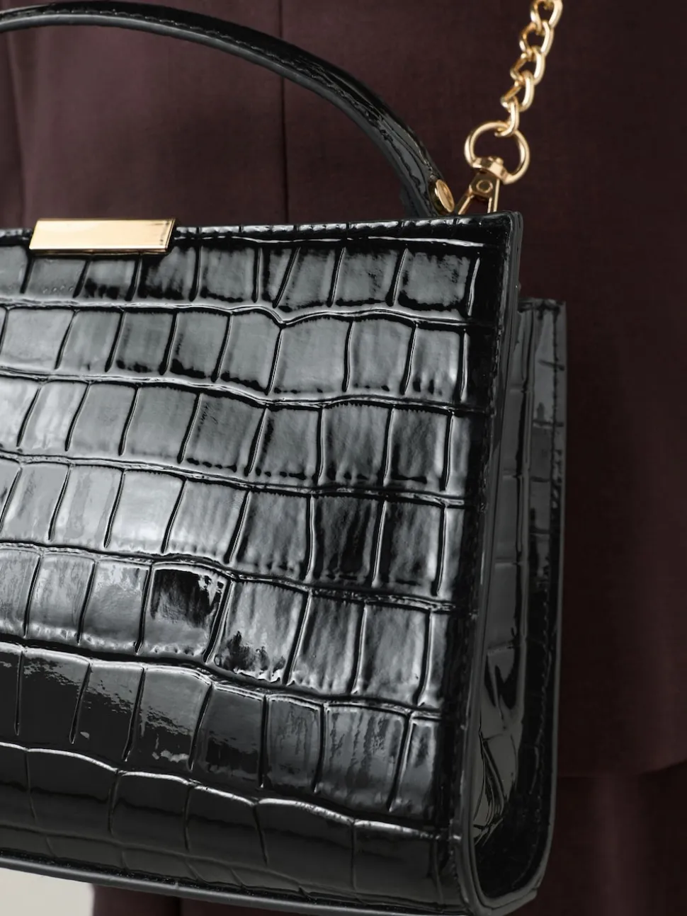 Black Top Handle Croc Effect Bag
