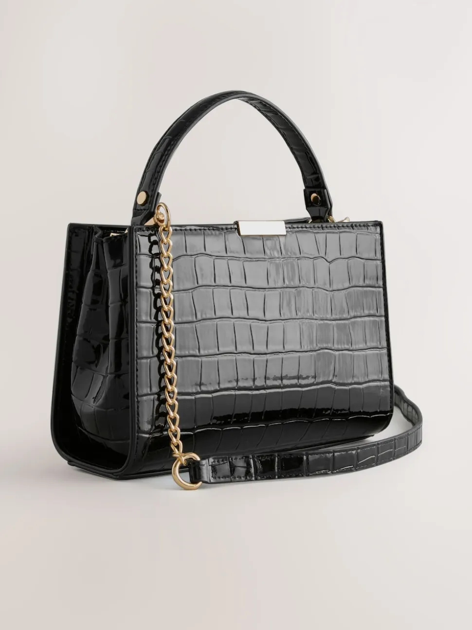 Black Top Handle Croc Effect Bag