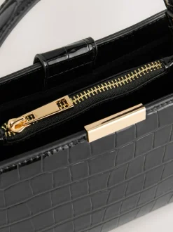 Black Top Handle Croc Effect Bag