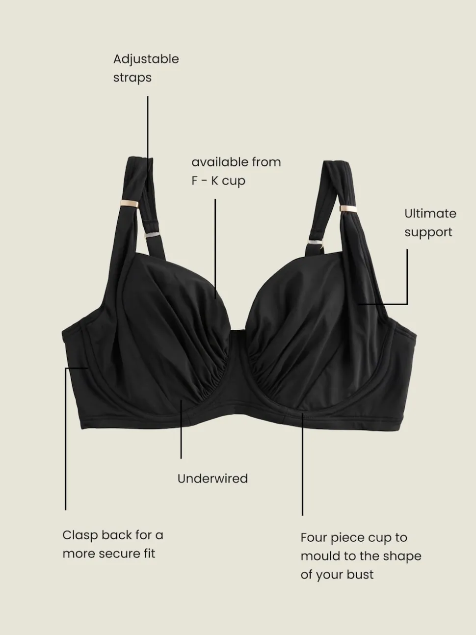 Black Ultimate Support F-K Underwired Bikini Top