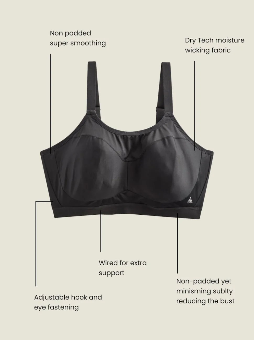 Black Ultimate Support Non Pad Minimising Wired Dry Tech High Impact Sports Bra