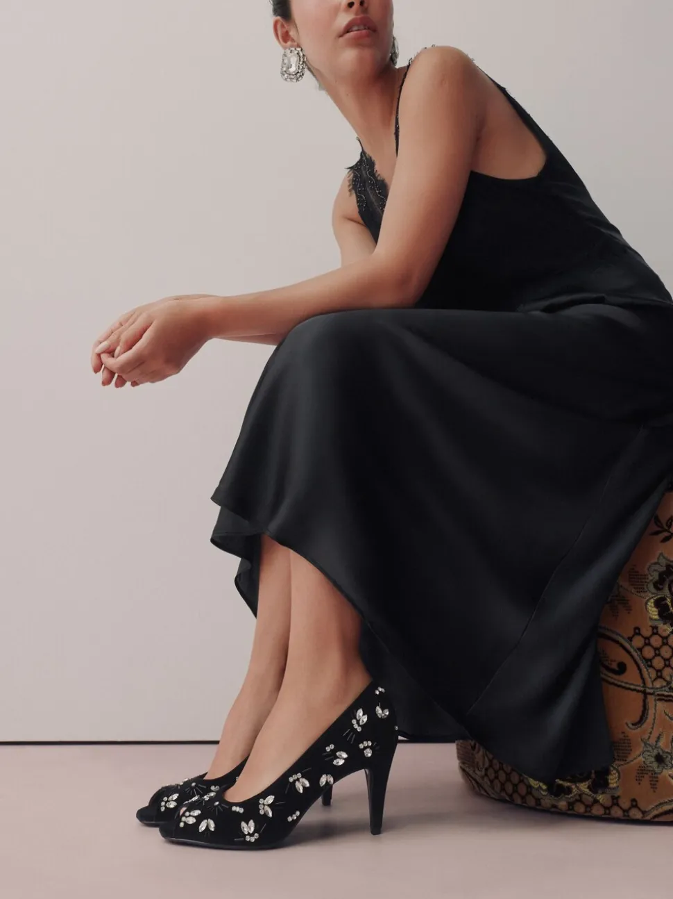 Black Velvet Forever Comfort Velvet Embellished Peep Toe Heels