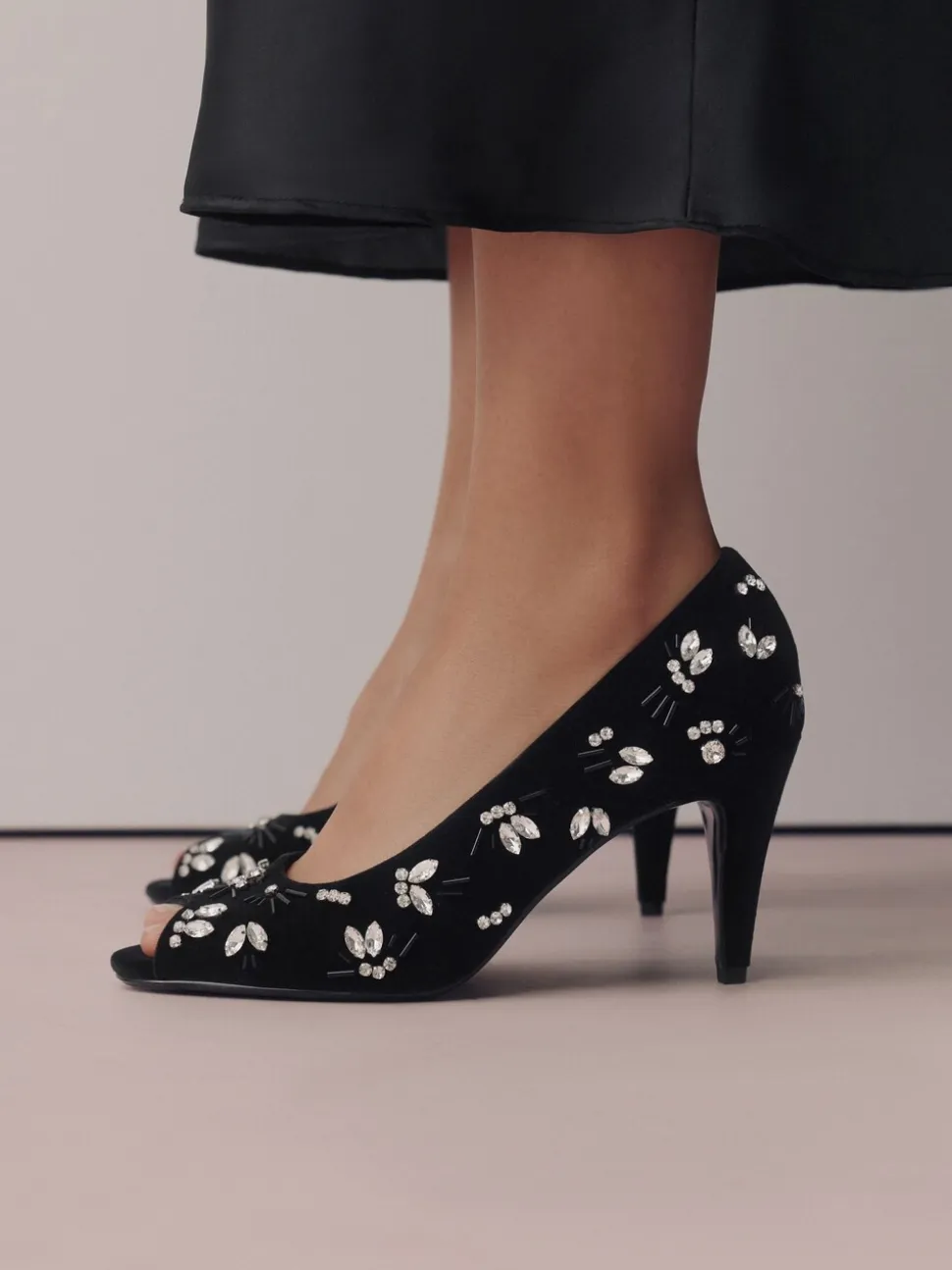 Black Velvet Forever Comfort Velvet Embellished Peep Toe Heels