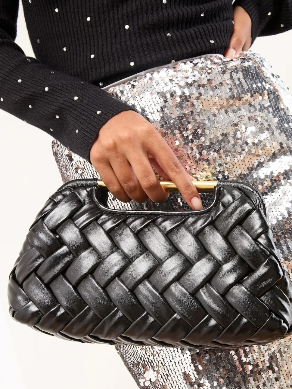 Black Weave Grab Handle Clutch Bag