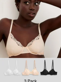 Black/ White/Pastel Rose Nude Non Pad Balcony Cotton Blend Ultimate Comfort Bras 3 Pack