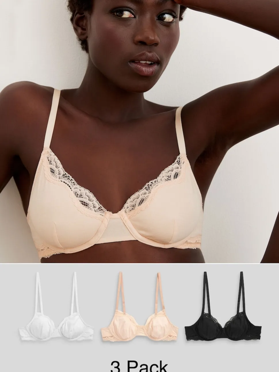 Black/ White/Pastel Rose Nude Non Pad Balcony Cotton Blend Ultimate Comfort Bras 3 Pack