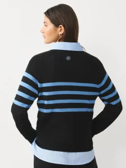 Black/Blue Floral Stripe Soft Touch Crew Neck Cotton Rich Jumper