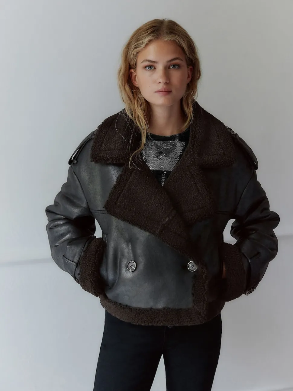 Black/Chocolate Brown Faux Shearling Cropped Aviator Jacket