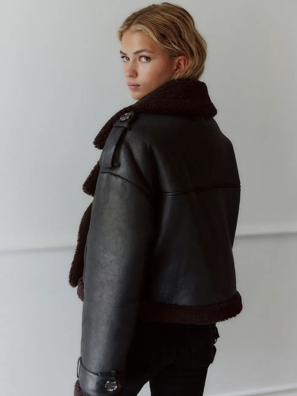 Black/Chocolate Brown Faux Shearling Cropped Aviator Jacket