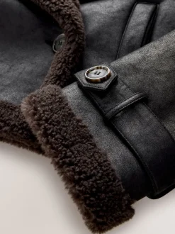 Black/Chocolate Brown Faux Shearling Cropped Aviator Jacket