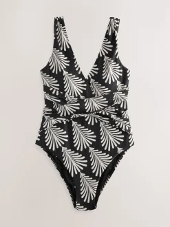 Black/Cream Fan Print Plunge Tummy Control Swimsuit