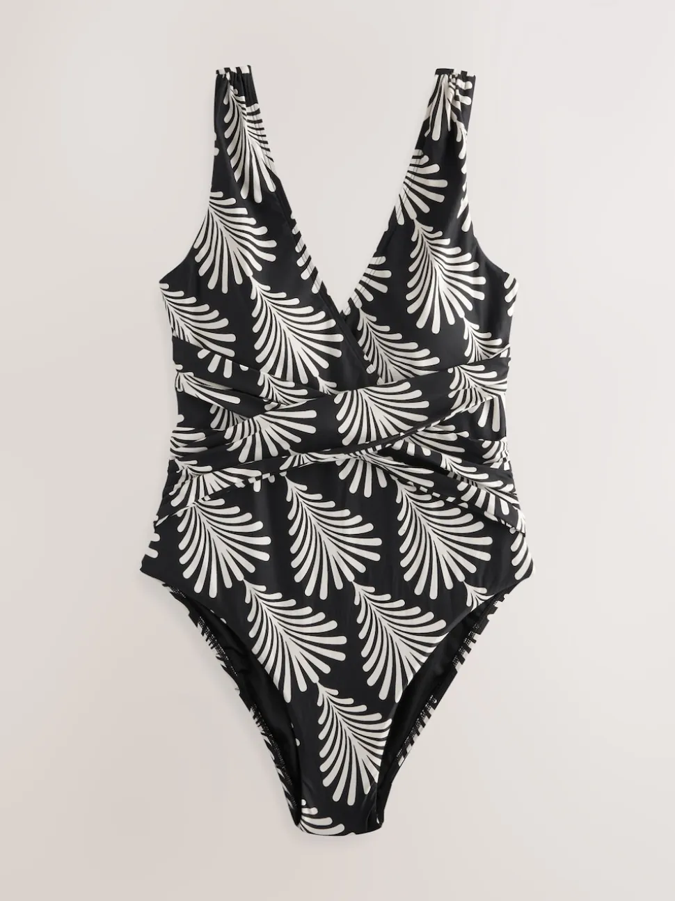 Black/Cream Fan Print Plunge Tummy Control Swimsuit