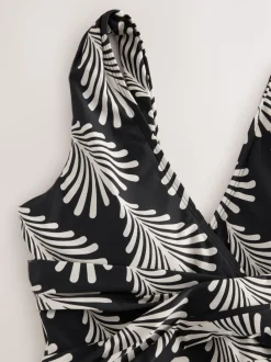 Black/Cream Fan Print Plunge Tummy Control Swimsuit