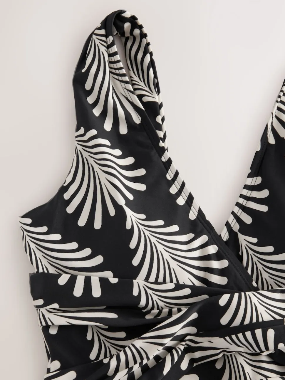 Black/Cream Fan Print Plunge Tummy Control Swimsuit