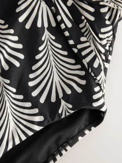 Black/Cream Fan Print Plunge Tummy Control Swimsuit