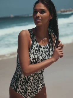 Black/Cream Ikat Essential High Neck Shaping Swimsuit