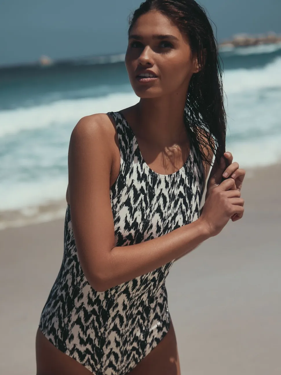 Black/Cream Ikat Essential High Neck Shaping Swimsuit