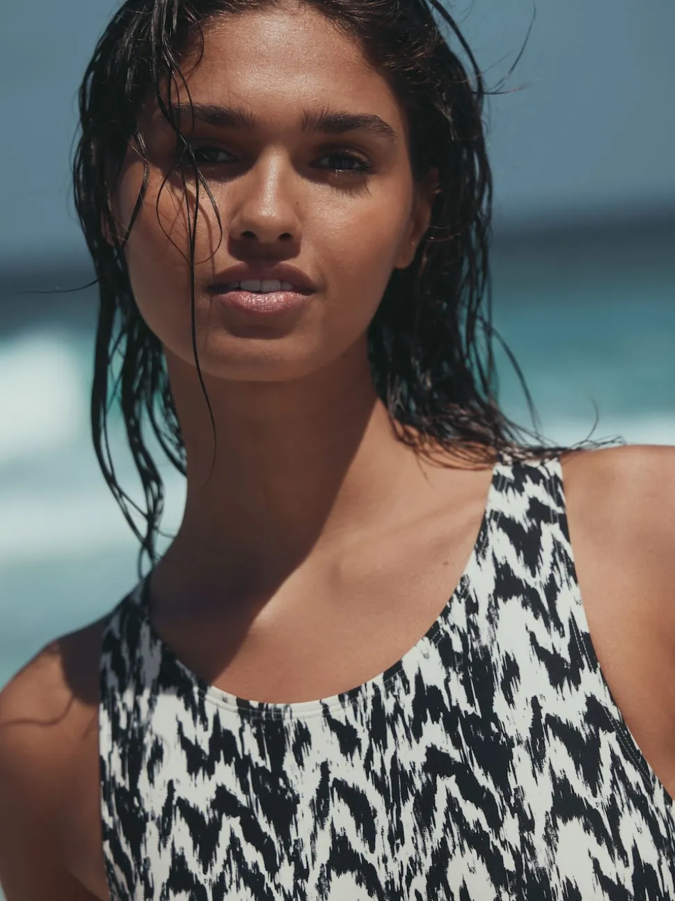 Black/Cream Ikat Essential High Neck Shaping Swimsuit