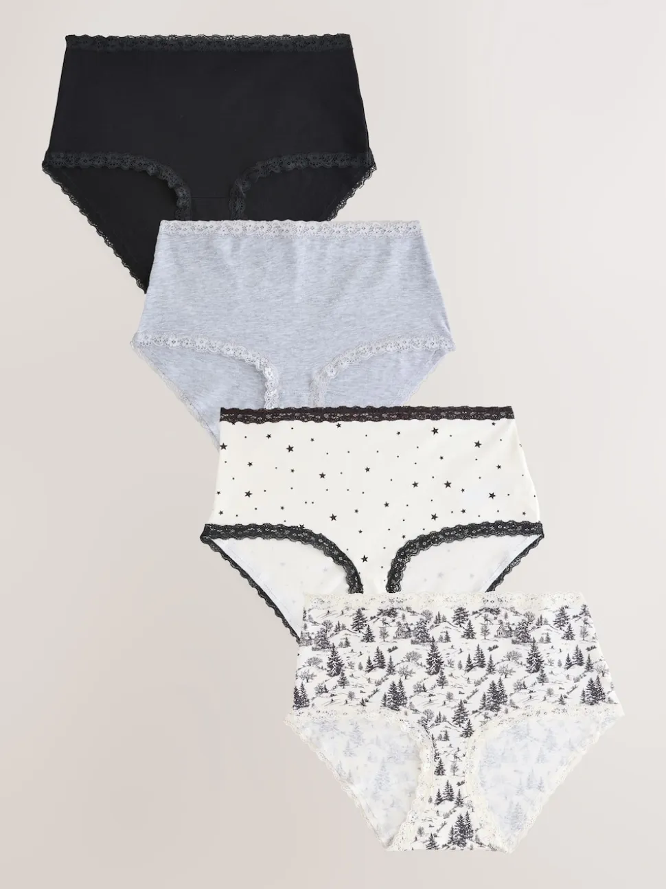 Black/Cream Midi Cotton Lace Knickers 4 Pack