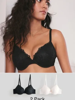 Black/Cream Pad Plunge Embroidered Bras 2 Pack