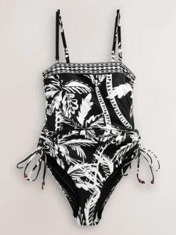 Black/Cream Palm Bandeau Ruched Leg Tummy Control Shaping Swimsuit