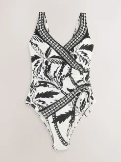 Black/Cream Palm Ruched Side Tummy Shaping Control Swimsuit