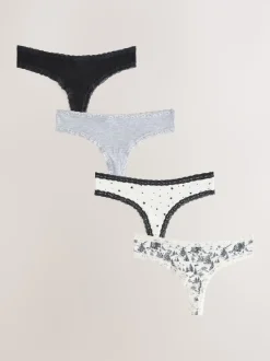 Black/Cream Thong Cotton Lace Knickers 4 Pack